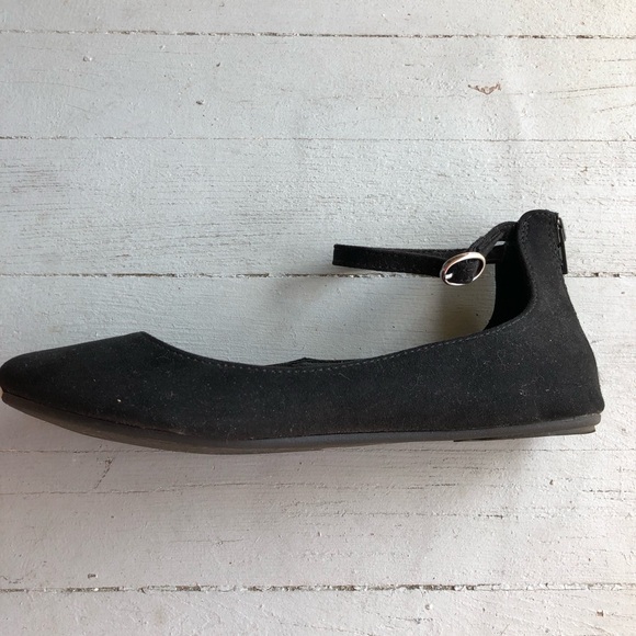 Black Suede Ballet Flats with Ankle Strap - Picture 2 of 5